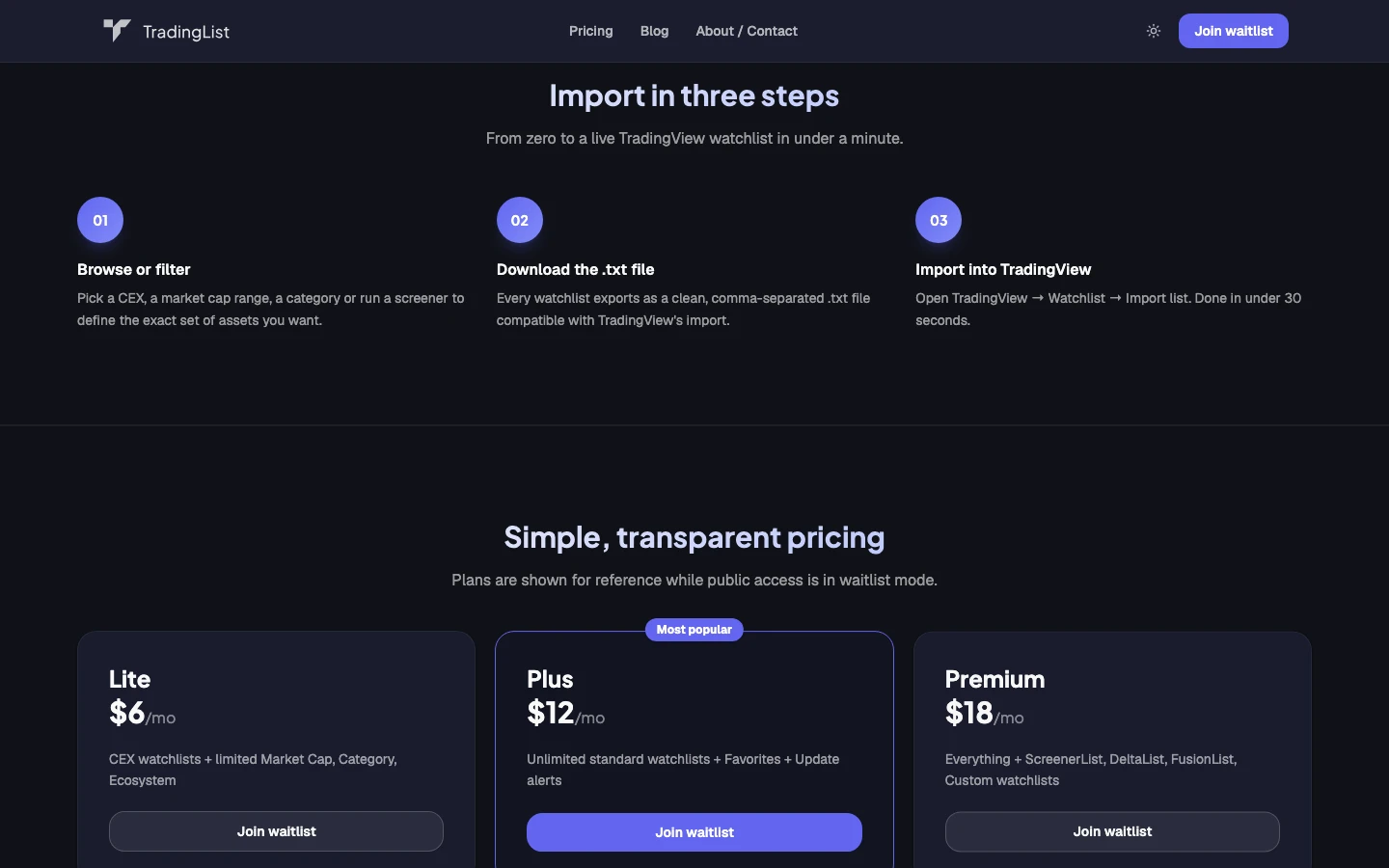 TradingList three-step workflow for importing crypto watchlists into TradingView